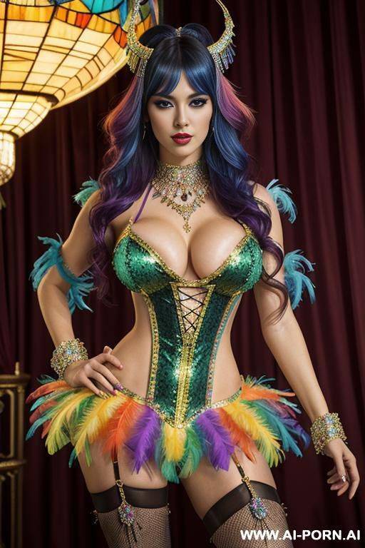 rainbow feather studed bright diamond transparent corset，feather tutu skirt， mesh robe， rainbow sequin bra ,necklace，rainbow large pointed thigh-high boots - #main