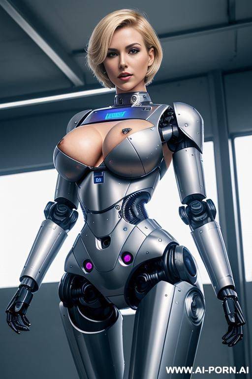 robotic police officer, pretty face, short blonde hair, (fully robotic body, athletic body, shapely legs, shapely arms, huge robotic tits:1.1) - #main