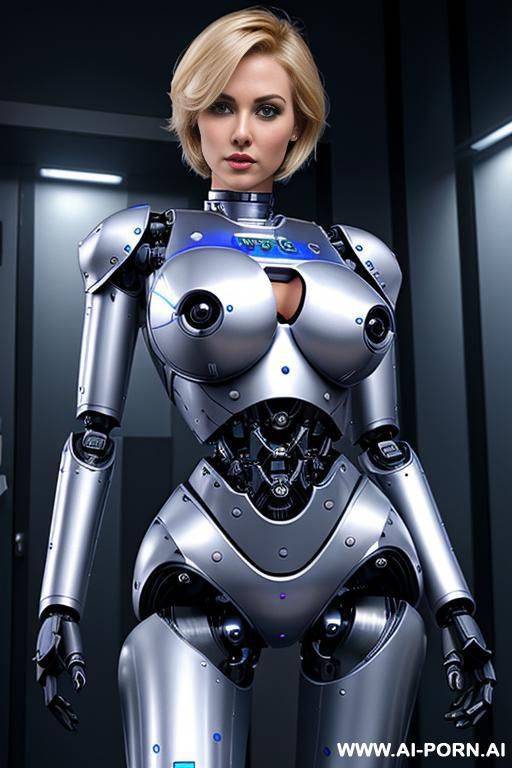 robotic police officer, pretty face, short blonde hair, (fully robotic body, athletic body, shapely legs, shapely arms, massive robotic tits:1.2) - #main