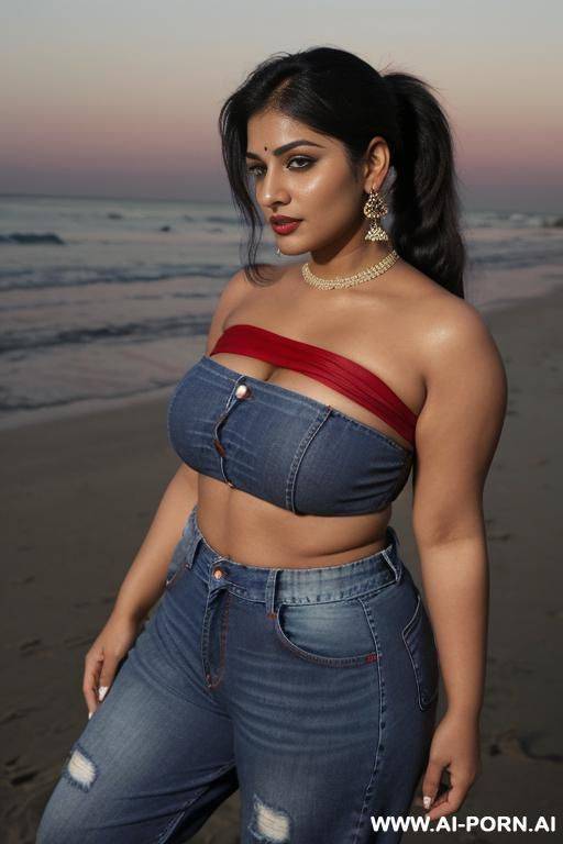1, punjabi woman, beautiful face, chubby face, long ponytail hair, saggy breasts, waist, big ass, wearing red oversized strapless crop top, (wearing baggy jeans) , on the beach, in the nighttime, front view - #main