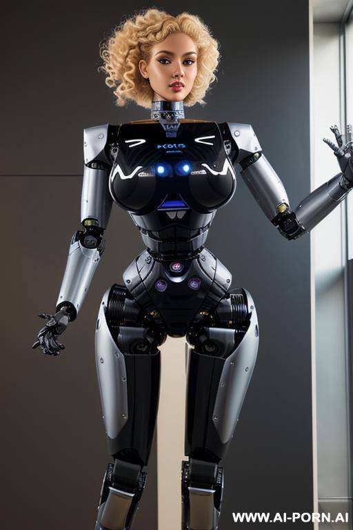 robotic police officer, pretty face, curly blonde hair, (fully black robotic body, athletic body, shapely legs, shapely arms, massive robotic tits:1.3) - #main