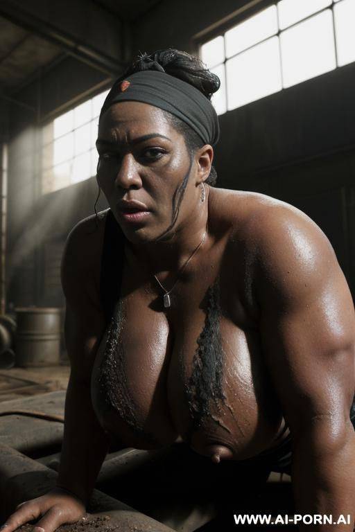 huge dump of car tires, two big black men workers in overalls (two big muscular men), milf on all fours pose (bandana on the head) (super realistic photo of milf), body in soot (very - #main