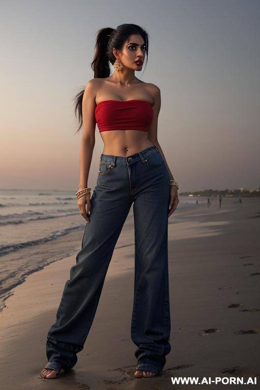 1, punjabi woman, beautiful face, long ponytail hair, saggy breasts, waist, big ass, wearing red oversized strapless crop top, (wearing baggy jeans) , on the beach, in the nighttime, front view - #main