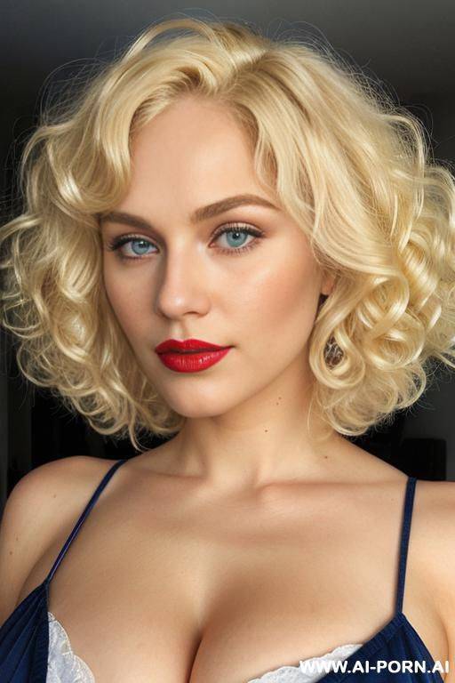 huge platinum blonde fluffy curly short hair, big puffy blonde curls, classic blonde curly hair, chubby face, big soft tits, red lipstick - #main