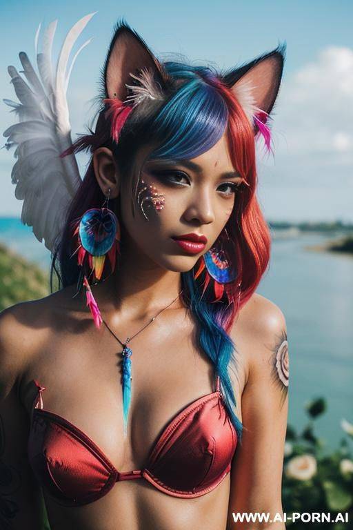 face, sexy, beautiful, ((face painting)), ((bikini as seashell)), ((tattoo roses)), ((eyes shw)), ((angel wings)), ((rainbow hair)), ((long bu hair)), ((wind)), (( cat face)), (( cat ears)), (((feather - #main