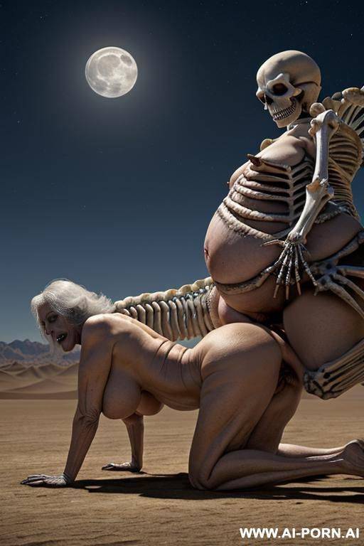 two characters (skeleton and granny) on the image; desert, midnight, skeleton (imaginary monster) (real male skeleton) and granny fuck; granny on all fours pose, granny with extremely huge saggy - #main