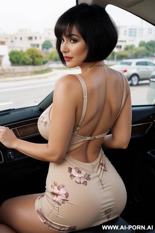 a sexy bimbo milf, short black hair, light beige floral summer dress, round firm ass, bubble butt, round firm boobs, image frame from head to knee, in a car, hanging out the window - #main