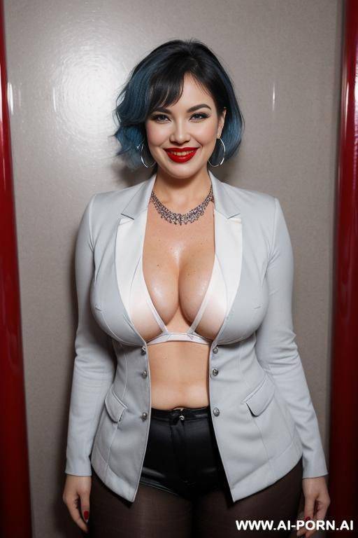 (((((boobs covered))))), (((ultra realistic))), beautiful full lips, (((wide red glossy lips))), (((red lip gloss))), pouty lips, hoop earrings, ((extremely white teeth)), ((grey blazer)), (((((photo shot - #main