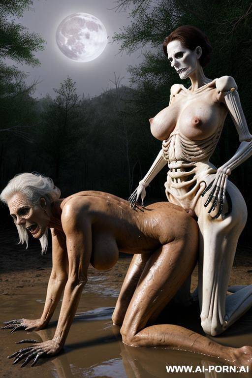 two characters skeleton (imaginary image) and granny (a real living woman) on the image; desert, midnight, skeleton (fantastic hero in the form of a male skeleton) and granny fuck; granny on - #main