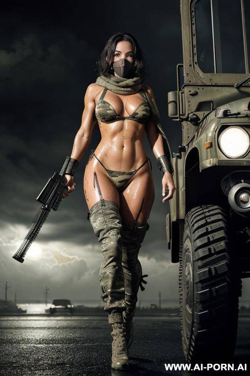 at nigth in the apocalyptic city , cloudy sky fog battle city , atomic bomb explosions landscape , side view horizont looking , walking sexy pose , oil body , camouflage thong , topless - #main