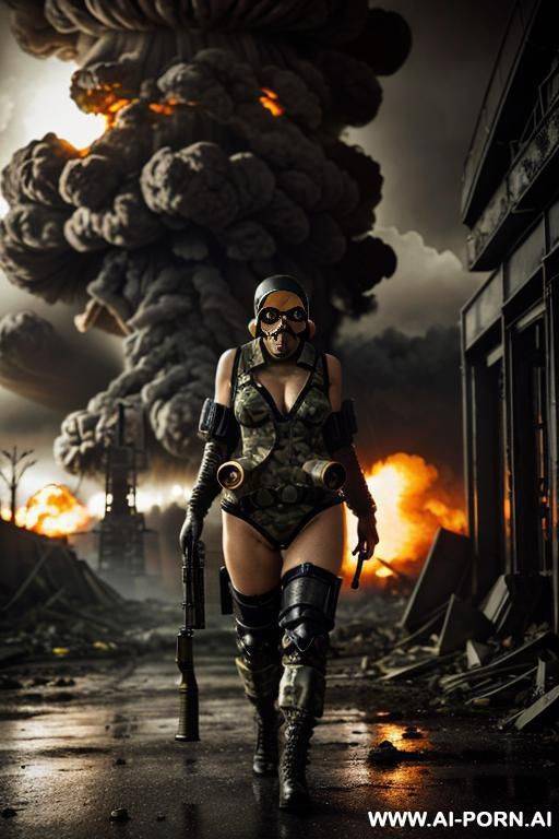 at nigth in the apocalyptic city , cloudy sky fog battle city , ((((atomic bomb explosions landscape)))) , side view horizont looking , walking sexy pose , oil body , camouflage thong , - #main