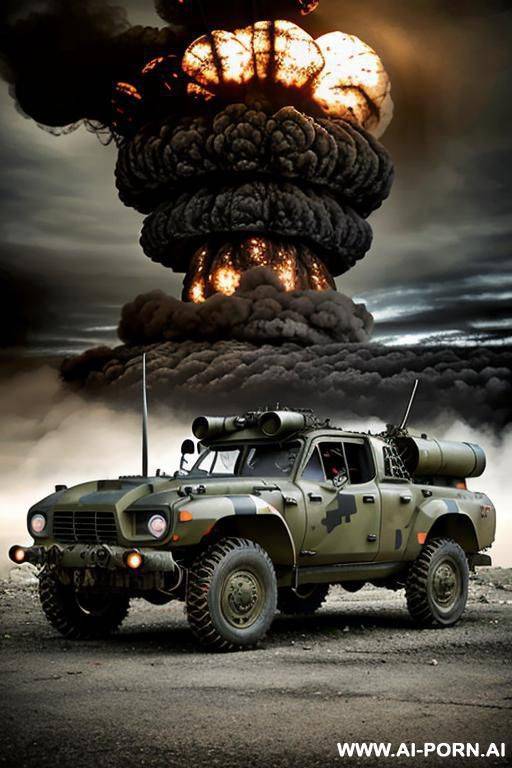 at nigth in the apocalyptic city , cloudy sky fog battle city , ((((atomic bomb explosions landscape)))) , horizont looking , from behind walking sexy pose , oil body , camouflage thong , - #main