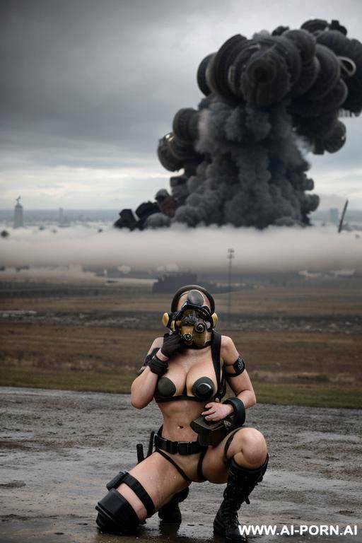 destrued city , cloudy sky fog in the apocaliptic battlefield , bomb explosions landscape , keep same face , horizont looking , one knee sexy pose , oil body , camouflage thong , topless - #main