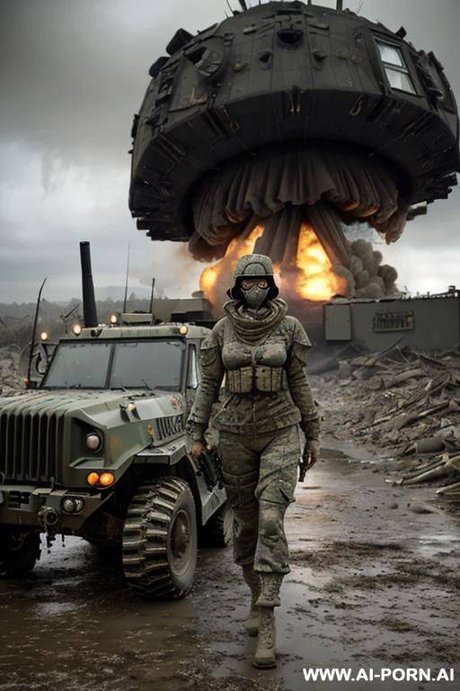 at nigth , apocalyptic city , cloudy sky fog battle city , atomic bomb explosions landscape , horizont looking , walking sexy pose , mud-stained body , camouflage thong , topless huge tits - #main