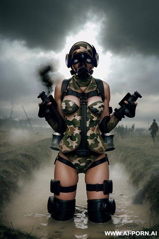 cloudy sky fog in the trench of a battlefield , bomb explosions crossfire landscape , keep same face , horizont looking , knee sexy pose , mud-stained body , camouflage thong , topless huge - #main