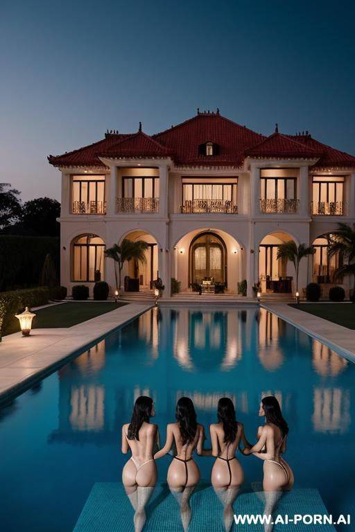group of four happy, beautiful tall, fit, (full h including feet with high heels) women supermodels kissing next to a luxurious mansion pool, masterpiece, cinematic lighting - #main