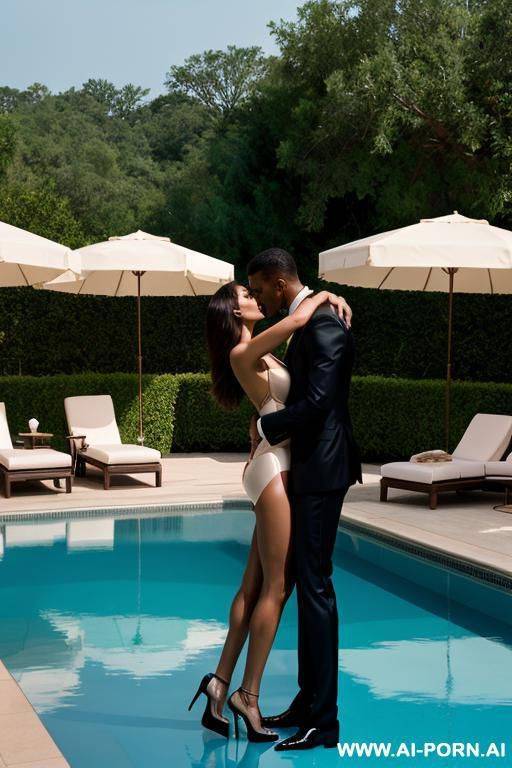 group of four happy, beautiful tall, fit, (full h including feet with high heels) supermodels kissing at a luxury pool, masterpiece, cinematic lighting - #main