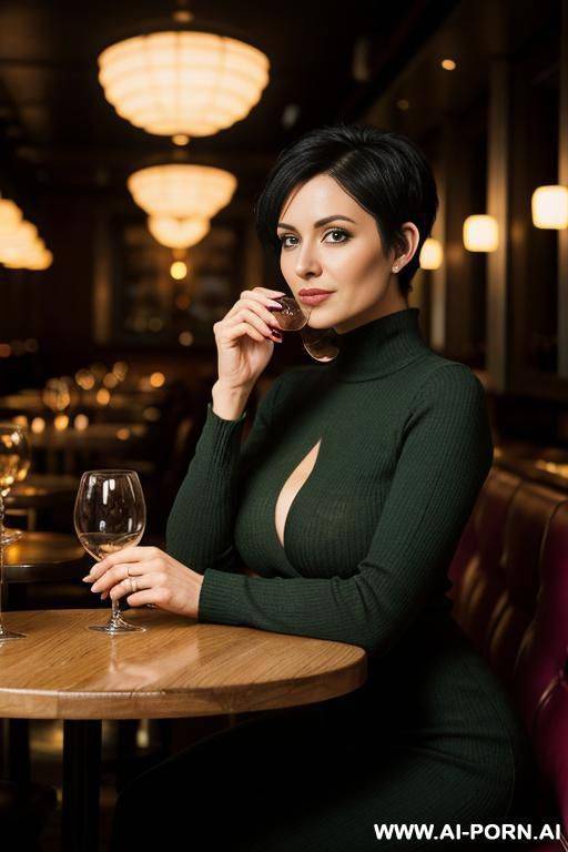 loose green longsleeve opened sweater, huge cleavage, teardrop breasts - #main