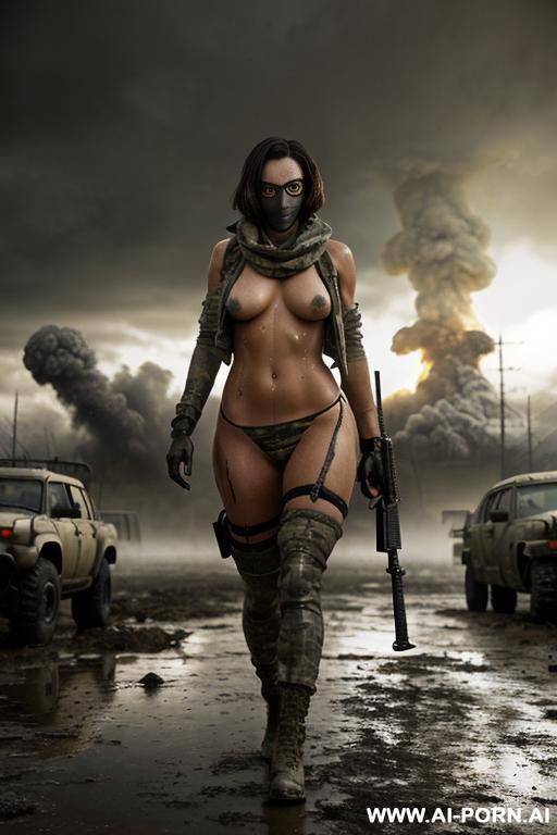 at nigth , apocalyptic city , cloudy sky fog battle city , atomic bomb explosions landscape , horizont looking , walking sexy pose , mud-stained body , camouflage thong , topless round masive - #main