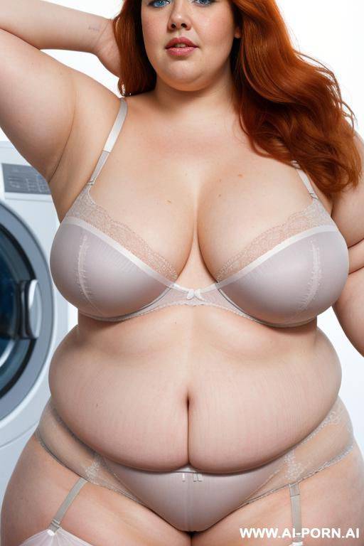 half-length photo, ((half body photo shot close up)). as a set in the laundry area, a (((very obese))) fat chubby bald british, ((she is washing clothes)). she has lovehandless. she is - #main