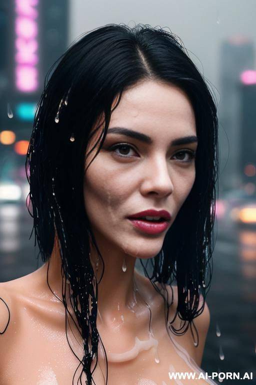 high quality, pretty face, cyberpunk city, (rain), (wet), pussy, ((silicone skin)), ((nude)) - #main