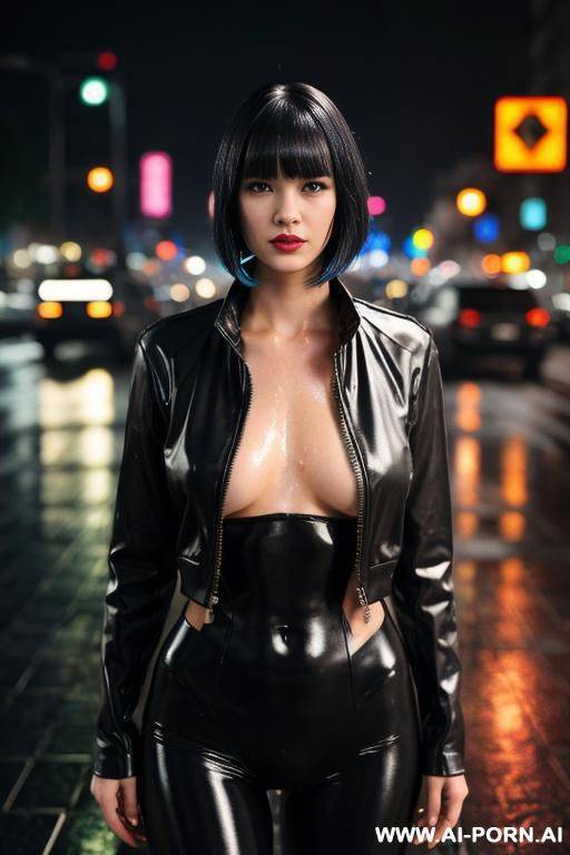 high quality, pretty face, cyberpunk city, (rain), (wet), pussy, ((silicone skin)), (nude) - #main