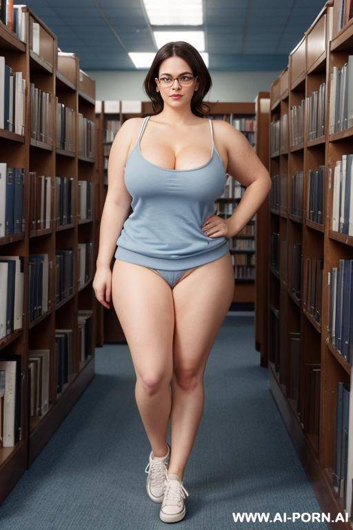 full body view of nude short librarian naked in ((blue sneakers)), brunette hair up, glasses, oversize boobs, - #main