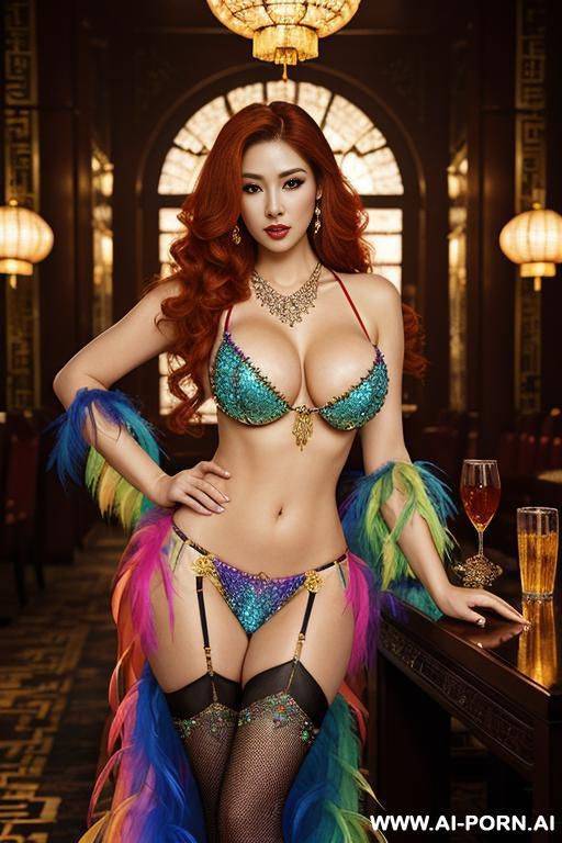 chinese, rainbow feather studed bright diamond transparent corset，feather tutu skirt， mesh robe， rainbow sequin bra ,necklace，rainbow large pointed thigh-high boots - #main