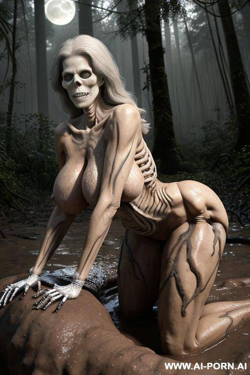 characters on the image: skeleton (imaginary image) and granny (a real ordinary woman); swamp in the rainforest, skeleton (fantastic male in the form of a human male skeleton), skeleton fuck - #main