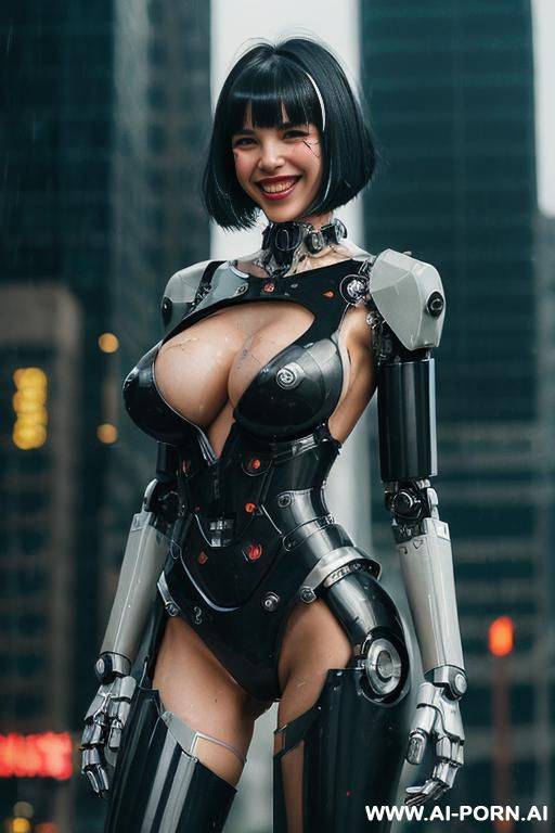pretty face, cyberpunk city, (rain), (wet), ((silicone skin - #main