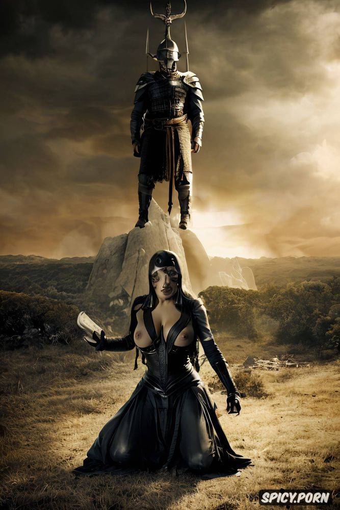 naked nude, massive huge tit queen kneeling with her mouth open and large naked male warrior standing above her - #main