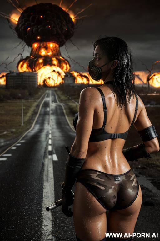 foggy night in the apocalyptic city , ruined buildings , ((((landscape atomic explosion end of the road )))), horizont looking , from behind view sexy walking , oil body , black thong , - #main