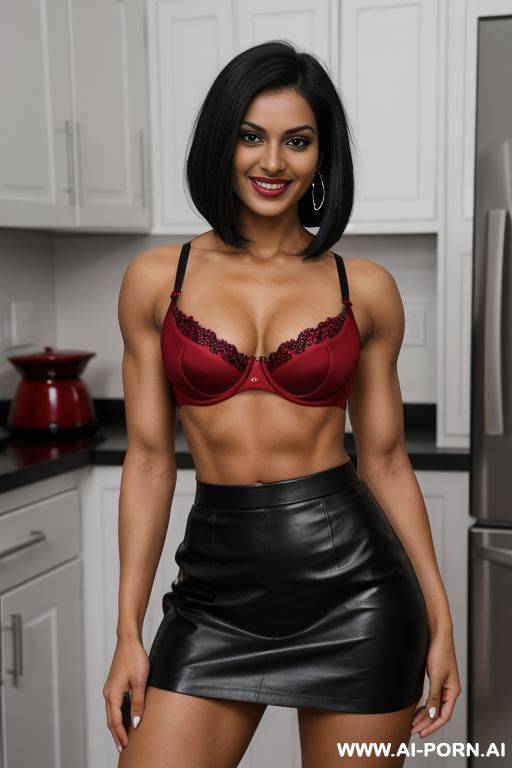indian, short hair, fit, abs, muscular arms, big ass, tall, long legs, navel piercing, black and red bra, black and red pleat skirt, looking at camera, full body, stiletto, in kitchen - #main