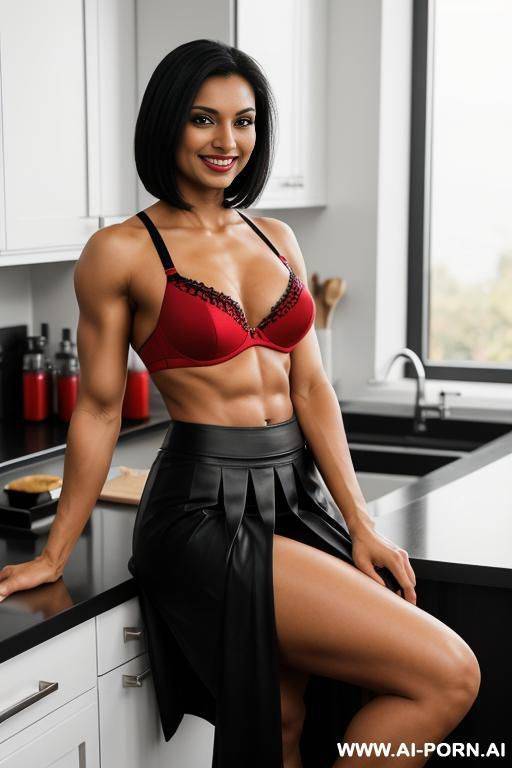indian, short hair, fit, abs, muscular arms, big ass, tall, long legs, navel piercing, black and red bra, black and red pleat skirt, looking at camera, full body, stiletto, sitting on kitchen counter - #main