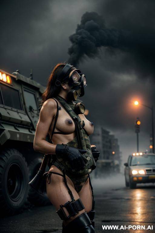 at nigth , apocalyptic city , cloudy sky fog battle city , ruined streets , horizont looking ,side view walking sexy pose , oil body , camouflage thong , topless round masive boobs , - #main