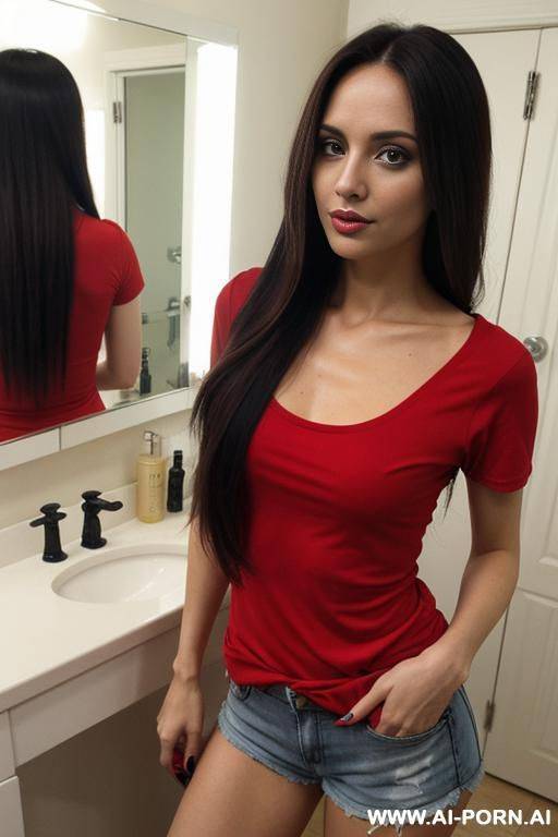woman long hair shorts tshirt red selfie photo in the mirror - #main