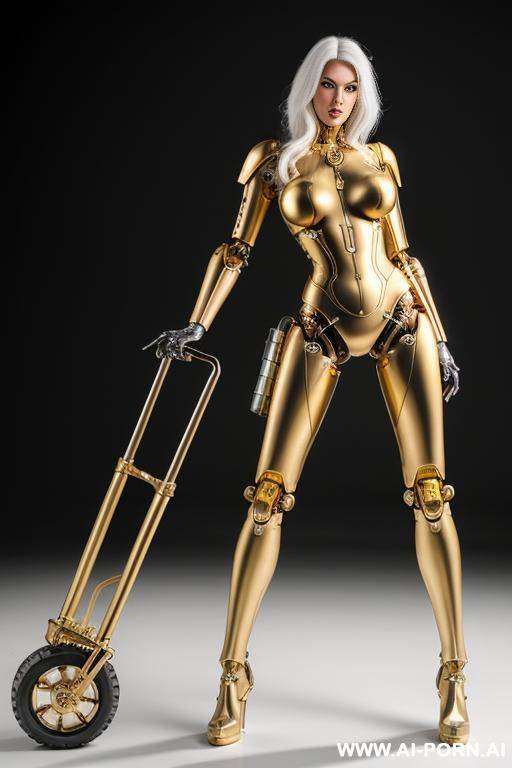 beautiful real taur female cyborg robot with skin in metal-latex white and gold color, with four meccanic leg and metallic ,with real wheels instead of feet ,enormus boobs ,natural uman face, image hd quality - #main