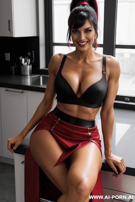 indian, ponytail bangs, fit, abs, muscular arms, big ass, tall, long legs, navel piercing, black and red bra, black and red pleat skirt, looking at camera, full body, stiletto, sitting on kitchen counter, open mouth - #main