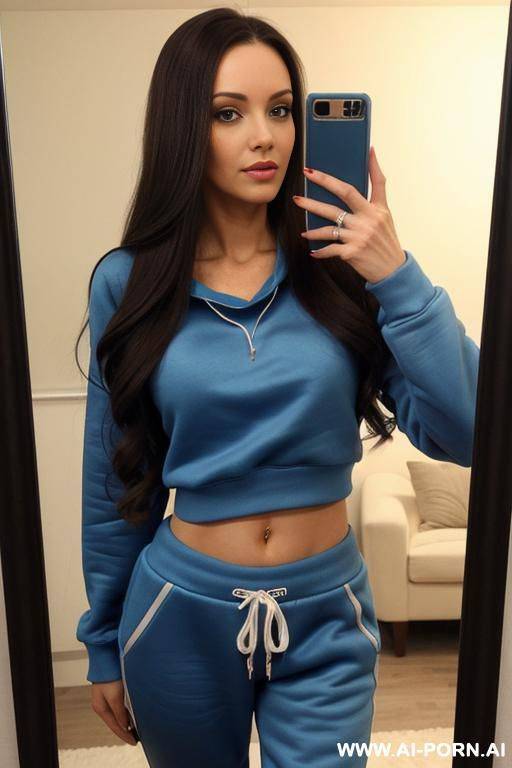 woman long hair blue sweatshirt blue sweatpants legs selfie photo in the mirror - #main