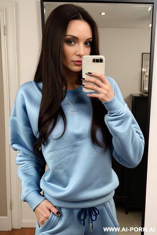woman long hair blue sweatshirt blue sweatpants selfie photo in the mirror cum shot in mouth - #main