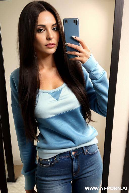 woman long hair blue sweatshirt jeans selfie photo in the mirror - #main
