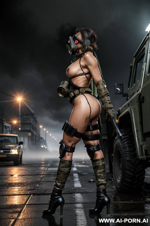 at nigth , apocalyptic city , cloudy sky fog battle city , ruined streets , horizont looking ,side view walking sexy pose , oil body , camouflage thong , topless round masive boobs , - #main