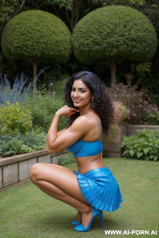 indian, fit, abs, muscular arms, big ass, tall, long legs, navel piercing, blue frills bra, blue pleat short skirt, looking at camera, full body, stiletto, in garden, squatting, side view - #main
