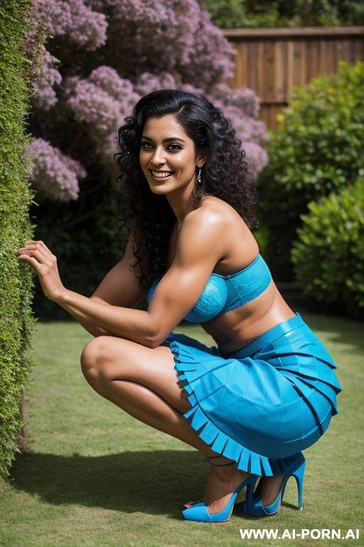 indian, fit, abs, muscular arms, big ass, tall, long legs, navel piercing, blue frills bra, blue pleat skirt, looking at camera, full body, stiletto, in garden, squatting, side view - #main