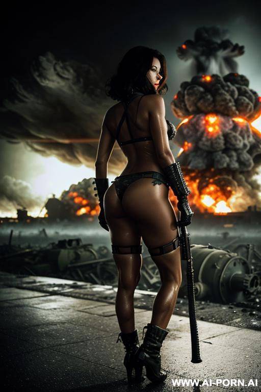 at nigth in the apocalyptic city , cloudy sky fog battle city , ((((atomic bomb explosions landscape)))) , side view horizont looking , walking sexy pose , oil body , camouflage thong , - #main