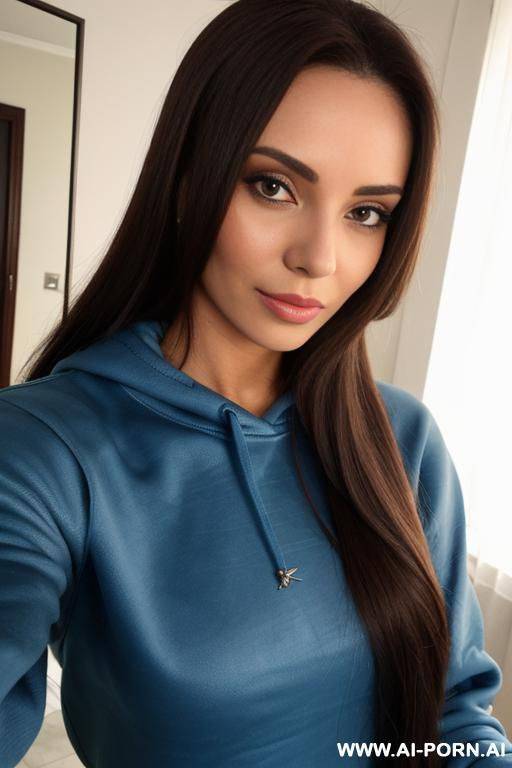 woman long hair blue sweatshirt blue sweatpants selfie photo in the mirror - #main