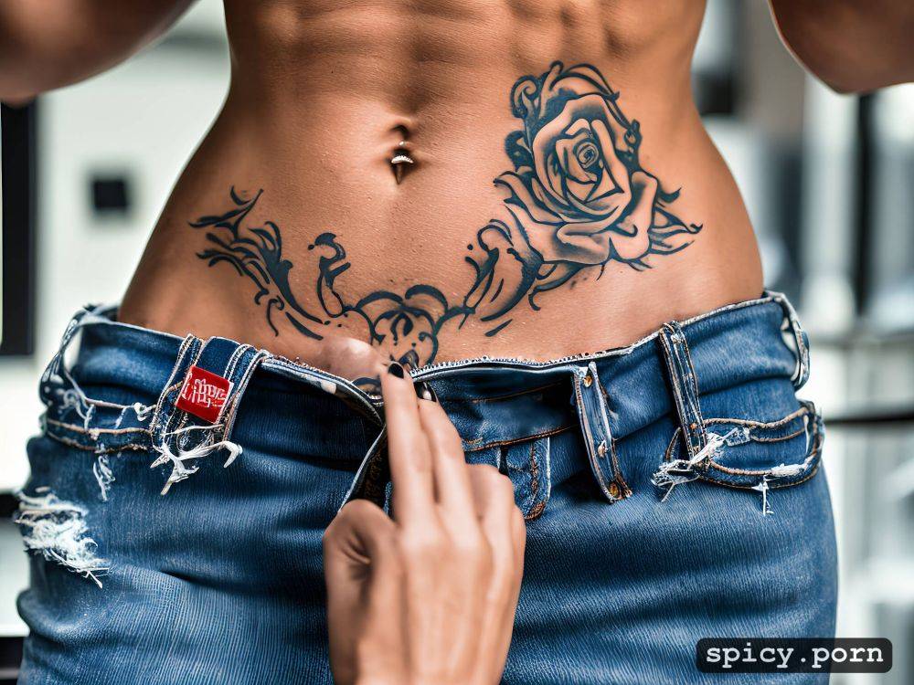white karate suit, abs, wearing denim jeans, natural small boobs - #main
