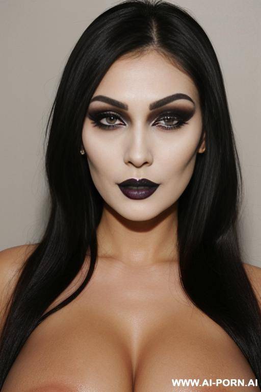 cheap horny easy slut, stub nose, square chin, square jaw, wide cheekbones, garish makeup, plump, fake boobs, goth, tan lines - #main