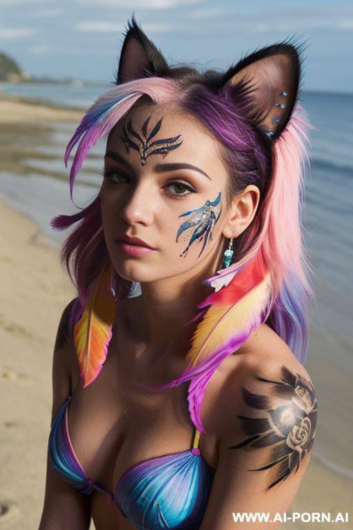 face, sexy, beautiful, ((face painting)), ((bikini as seashell)), ((tattoo roses)), ((eyes shw)), ((angel wings)), ((rainbow hair)), ((long bu hair)), ((wind)), (( cat face)), (( cat ears)), (((feather - #main