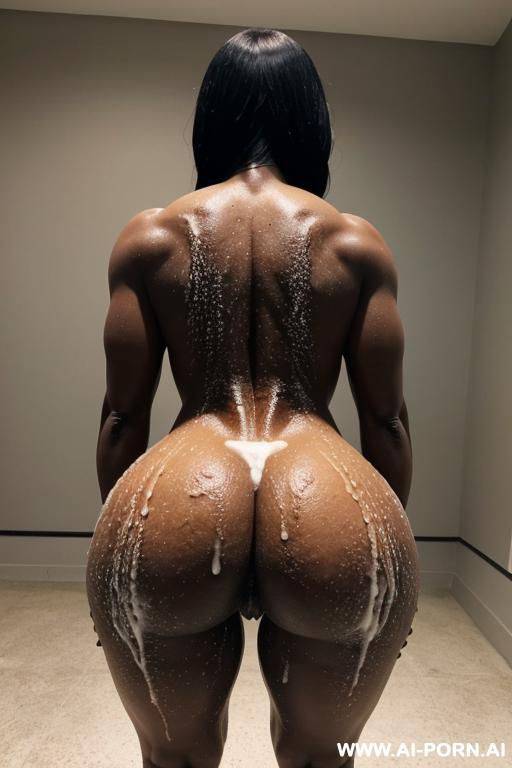 a black totally naked fit woman stand and bend over.she have a big round ass.she gapes her ass with her hands.she gaps her ass with her hands.her ass is drenched of a load of white cum. - #main
